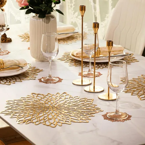 Miniatura 5 de Snowkingdom – Juego de 12 manteles individuales de vinilo prensado, color dorado, metálicos, para centro de mesa de boda (12 unidades, hojas doradas)