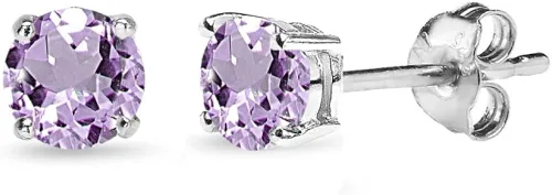 Aretes redondos de plata de ley con piedras preciosas de 0.157in, 0.197in, 0.276in, 0.315in, morado solitario, amatista auténtica para mujeres y