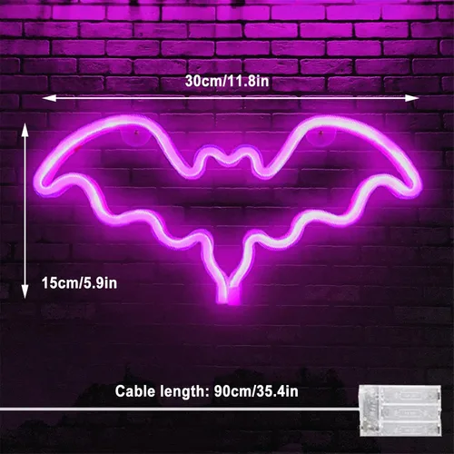 Miniatura 5 de Letrero de neón de murciélago de Halloween, decoración de Halloween, letrero de neón LED para decoración de pared, funciona con pilas para fiesta