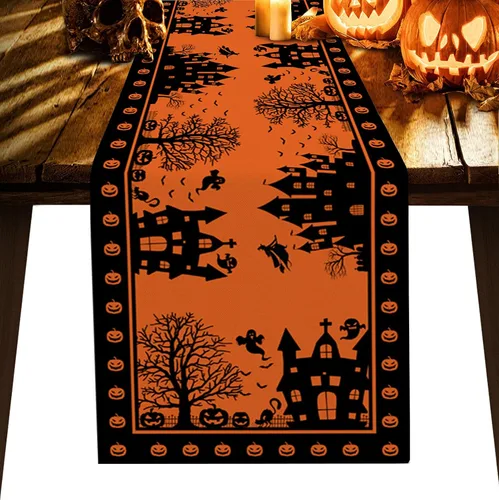 Camino de mesa de casa de Halloween de 36 pulgadas de largo, casa encantada, calabazas naranjas y negras, camino de mesa para cenas de Halloween,