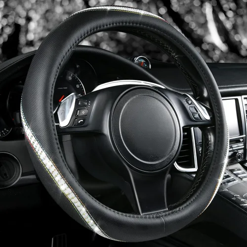 Miniatura 12 de CAR PASS Funda para Volante de Cuero Rosa con Diamantes de Imitación Brillantes, Piedras de Imitación Brillantes con Tachuelas Ajuste Universal 14