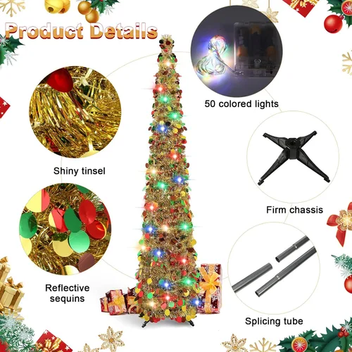 Miniatura 3 de Aoriher Árbol de Navidad de Oropel Dorado Preiluminado Emergente de 5 pies, Decoración Reutilizable Plegable con Lentejuelas Artificiales, Árbol