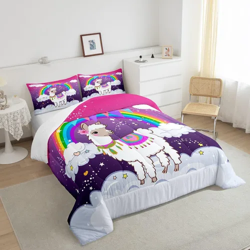 Miniatura 4 de Erosebridal Juego de edredón arcoíris para niños y niñas, bonito juego de ropa de cama de llama tamaño individual, juegos de edredón de alpaca