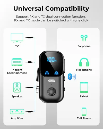 Miniatura 3 de Receptor transmisor Bluetooth 5.4 aptX adaptativo para 2 AirPods/auriculares, adaptador de audio Bluetooth 2 en 1 con micrófono y pantalla LED