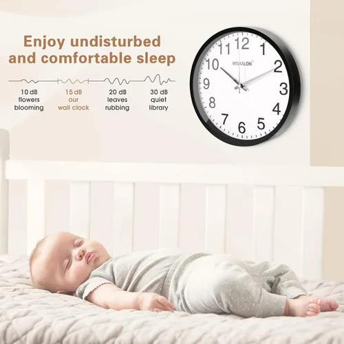 Miniatura 4 de WISKALON Reloj de pared elegante con marco negro silencioso de 10 pulgadas, reloj de pared digital clásico con cristal, funciona con pilas, fácil
