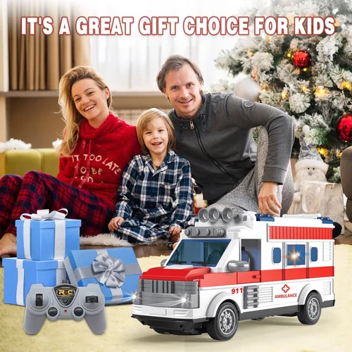 Miniatura 6 de Dollox Ambulancia de control remoto de 1/30, 2.4G RC Play Car Toy 4 Canales, vehículos eléctricos de ambulancia de emergencia con luces, puerta