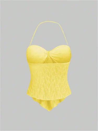 Miniatura 2 de SHENHE Top halter de encaje para mujer, nudo frontal, espalda descubierta, asimétrica, Y2k, coqueta, sin espalda, para salir