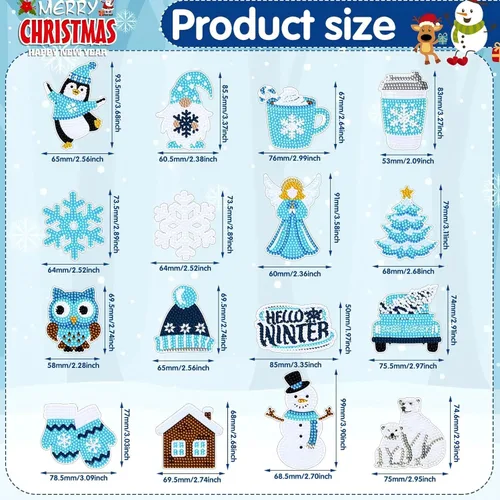 Miniatura 3 de Umigy 16 piezas de arte de diamantes de invierno 5D pingüino copo de nieve muñeco de nieve pintura de diamantes de imitación para nevera calcomanías