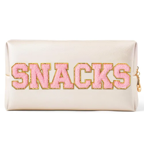 Miniatura 19 de Y1tvei Preppy Patch BATH Letter - Neceser de cuero PU para cosméticos, bolsa de maquillaje portátil cosida con parches de letras universitarias