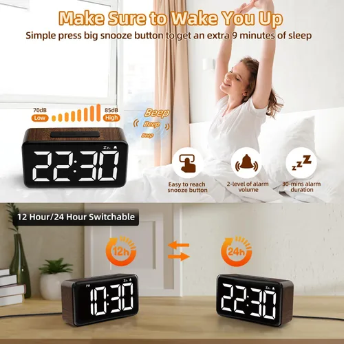 Miniatura 5 de NOKLEAD Reloj despertador digital: veta de madera, pantalla LED grande de 5.9 pulgadas, fácil de usar para personas mayores y hombres, brillo
