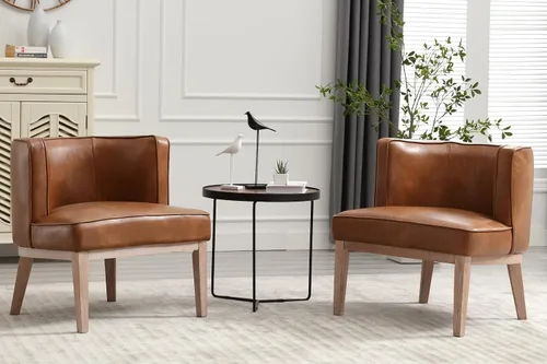 Miniatura 11 de BESTANO Silla decorativa con brazos de barril con patas de madera, cómoda silla lateral redonda de cuero marrón, sillas de lectura tapizadas