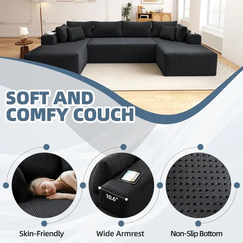Miniatura 4 de Cloud Couch Sofá Seccional en Forma de U, Sofás Modulares Blandos de 134 pulgadas para Sala de Estar, Sofá de Asiento Profundo de Pana con 2 Chaise