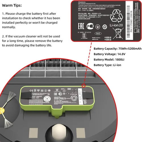 Miniatura 4 de Batería de litio 1800LI mejorada de 5200 mAh para iRobot 960 860 690 675 980, compatible con Roomba 600 700 800 900 Series 981 970 801 805 850 877