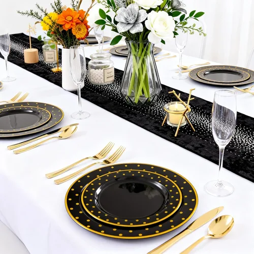 Miniatura 4 de DaYammi 200 platos de plástico dorado y negro con cubiertos, platos desechables negros para fiestas, suministros de oro negro, incluye 40 platos