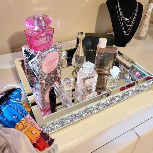 Miniatura 4 de Wocred Organizador de joyas de espejo para tocador de dormitorio, bandeja de baño de diamantes triturados con asas, bandeja de perfume, bandeja
