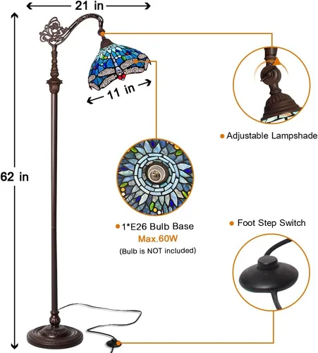 Miniatura 2 de Capulina Tiffany - Lámpara de pie con vitrales de 62 pulgadas de alto, libélula azul, antigua, suave, arqueada, ángulo ajustable, lámpara de pie