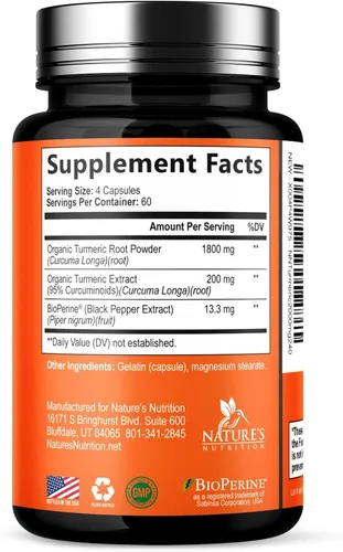 Miniatura 9 de Suplemento de curcumina de cúrcuma de 2000 mg, apoyo articular e inmunológico de la naturaleza, pimienta negra orgánica tumérica y bioperina
