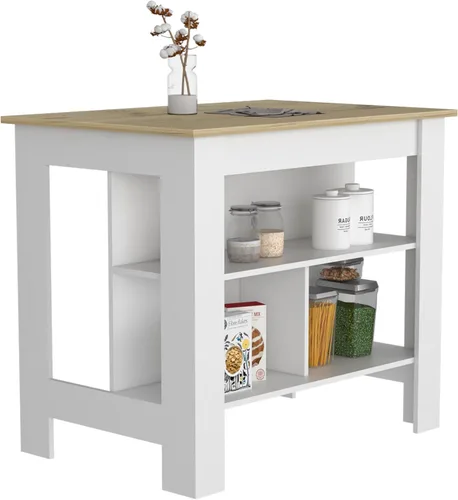 Miniatura 14 de Tuhome Cala Isla de cocina con mesa antimicrobiana, tres estantes abiertos, superficie de visualización superior y estación de trabajo de asiento
