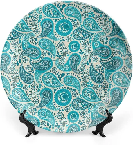 Plato decorativo de 6 pulgadas, artesanía de cerámica turquesa, patrón floral antiguo de cachemira, estampado clásico de Oriente Medio, para colgar