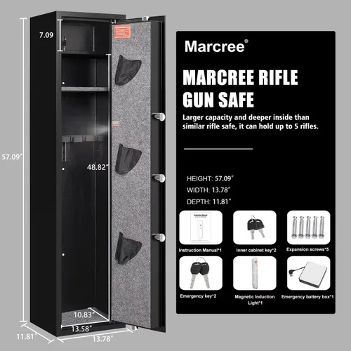 Miniatura 5 de Marcree Caja fuerte biométrica para pistola de rifles, de acceso rápido para 5 pistolas con caja de bloqueo, caja fuerte para pistola larga