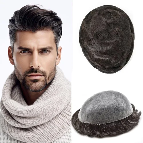 Miniatura 88 de Peluca completa de poliuretano para hombre, sistemas de reemplazo de cabello humano, piel fina y duradera, para hombre, prótesis de cabello