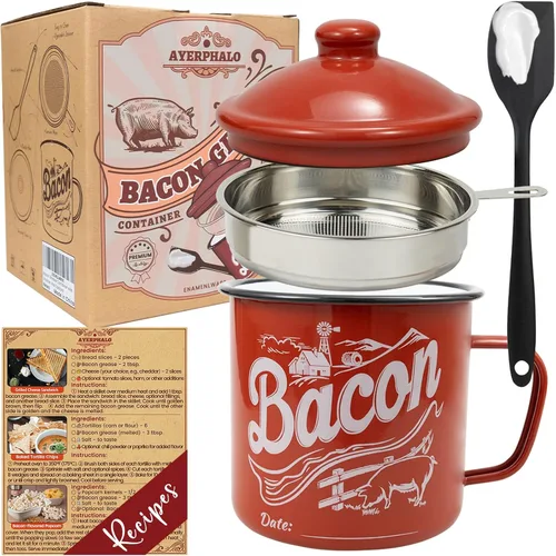 Miniatura 10 de Recipiente para grasa de tocino con colador - Con espátula de silicona de grado alimenticio de 24oz, recipiente rústico de grasa esmaltado