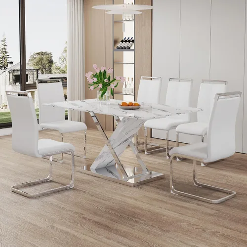 Miniatura 25 de Juego de mesa de comedor de mármol para mesa rectangular blanca de 4.63 pulgadas con marco de metal plateado en forma de X y 4 sillas de comedor