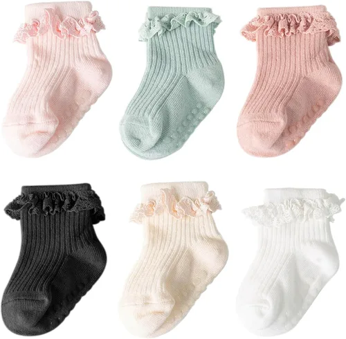 Miniatura 12 de DRESHOW BQUBO Calcetines Antideslizantes para Bebés Niñas Pequeñas - Lindos Calcetines de Tobillo con Volantes y Agarre para Bebés y Niños Pequeños