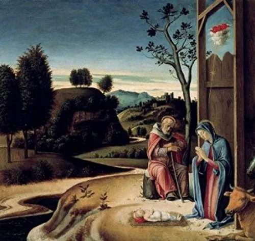 Póster del Museo Cívico Pesaro Italiano con texto en inglés "Birth of Jesus from the Pala Pesaro Giovanni Bellini (c 1430-1516Italiano) (24 x 36)