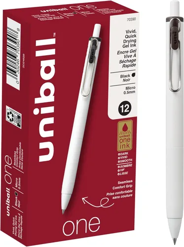 Miniatura 10 de Uniball UniONE - Bolígrafo de gel, retráctil, mediano de 0.028 in, tinta negra, barril blanco, docena (paquete de 12)
