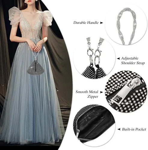 Miniatura 3 de TRICIA Monederos plateados brillantes para mujer, bolso de mano con diamantes de imitación para fiesta, baile, club, boda