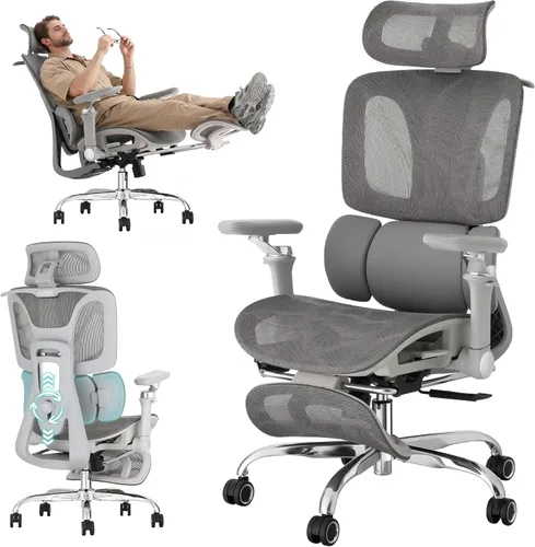 Miniatura 10 de Silla de oficina ergonómica con soporte lumbar dinámico de 3 zonas, silla de oficina de malla grande y alta con reposapiés, profundidad de asiento