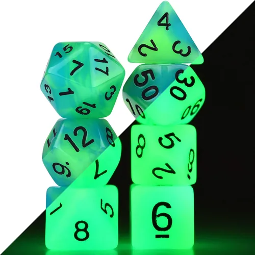 Miniatura 7 de Juego de dados DND que brillan en la oscuridad de 11 x 7 pulgadas (77 piezas) para juegos de rol de mesa de Calabozos y Dragones, con una bolsa