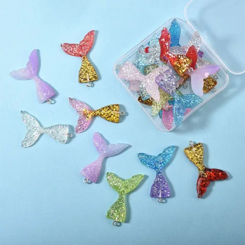 Miniatura 2 de SUNNYCLUE 40 dijes de cola de sirena de resina con parte trasera plana con polvo de purpurina para verano con cola de pez de océano para hacer