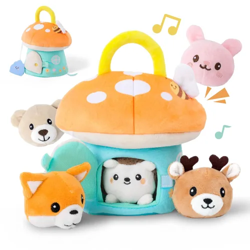 Miniatura 9 de Juguetes para bebés 6-12 meses – Mi pequeño volcán con 5 dinosaurios de peluche, juguete Montessori con sonajero, crujiente, silbato, juguetes