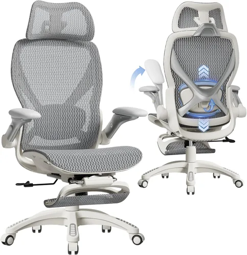 ELABEST X100 Silla de oficina ergonómica con reposapiés, silla de escritorio grande y alta con brazos abatibles 5D, soporte lumbar 3D ajustable,