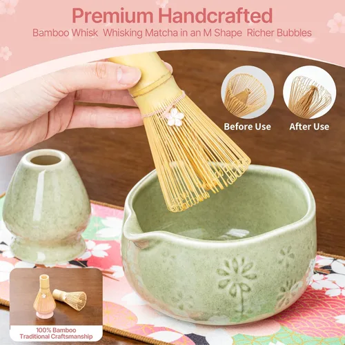 Miniatura 4 de Juego de batidor de matcha, kit de 8 piezas que incluye tazón, batidor de bambú y soporte, cuchara de bambú, colador de té, toalla de té, agitador