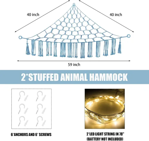 Miniatura 5 de CERETIA Hamaca de animales de peluche con luz LED, red grande de almacenamiento en esquina de animales de peluche para decoración de habitación