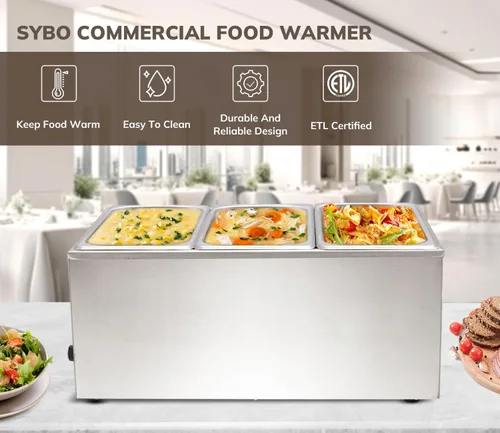Miniatura 2 de SYBO - Calentador de alimentos de grado comercial de acero inoxidable Bain Marie, fácil de limpiar, mesa de vapor para buffet, catering