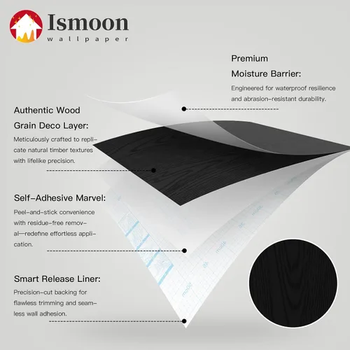 Miniatura 2 de Ismoon Papel tapiz de contacto negro para despegar y pegar, papel de contacto de grano de madera de 17.5 x 118 pulgadas, papel de contacto