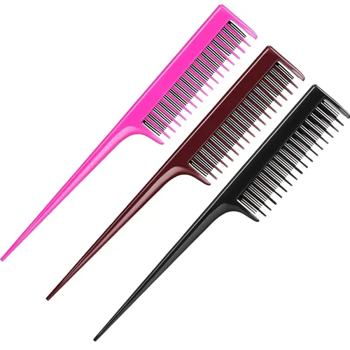 Miniatura 9 de Leinuosen Peine de cola de rata triple de 8 pulgadas con púa para mujer, corte ligero, seccionado, peine de dientes finos para retropeinar, añadir