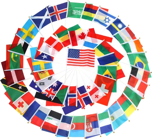 Bandera de 200 países, banderas deportivas de palillo de país, parte superior redonda de mano pequeña en palo, bandera de países del mundo en cada