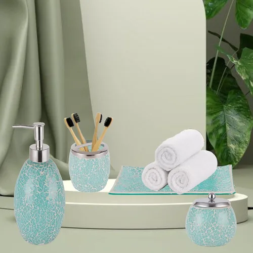 Miniatura 8 de Escenzy - Elegantes conjunto de accesorios de baño verde 4 piezas Lujoso dispensador de jabón de vidrio, soporte para cepillo de dientes, frasco