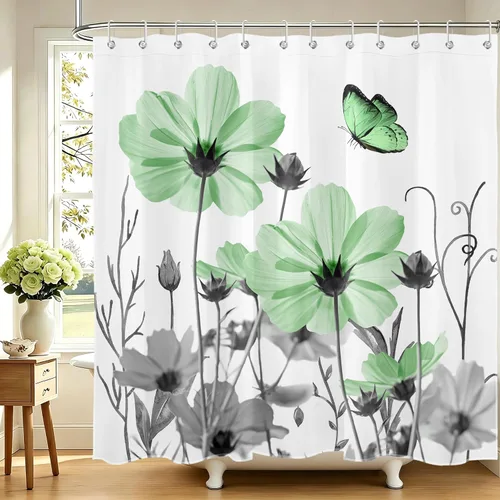 Miniatura 21 de LB Juego de cortinas de ducha de mariposa y flores con alfombras, margaritas y morado lavanda, hojas de eucalipto, cortina de ducha verde