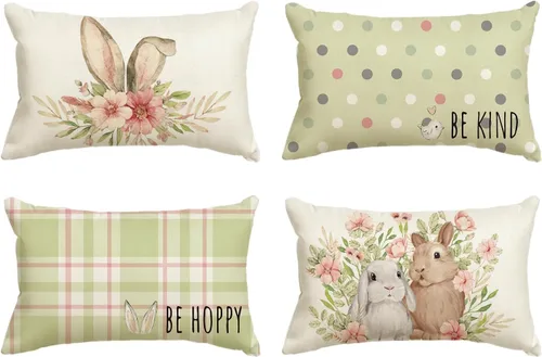 Miniatura 15 de AVOIN colorlife Juego de 4 fundas de cojín de Pascua con diseño de búfalo y flor de conejo de Pascua Be Hoppy Bule, 18 x 18 pulgadas, diseño