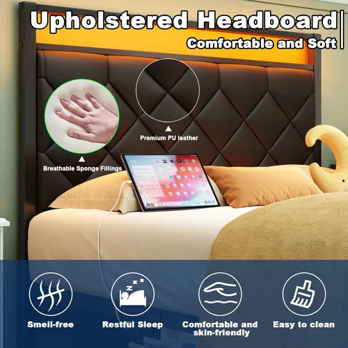 Miniatura 3 de Base de cama individual con estación de carga, luz LED y cabecera tapizada de piel sintética, base de cama de plataforma con almacenamiento debajo