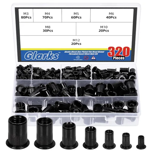 Miniatura 8 de Glarks Juego de 100 tuercas de remache M6 de acero al carbono métricas de acero al carbono, chapado en zinc, cabeza plana, remache roscado, juego
