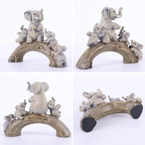 Miniatura 4 de suruim Lindas estatuas de elefante, elefante de buena suerte y sus tres hijos jugando en un puente de troncos para sala de estar, dormitorio