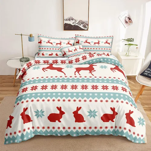 Miniatura 41 de Juego de ropa de cama de Navidad con funda de edredón de copos de nieve, color blanco y rojo, con estampado navideño, juego de ropa de cama festiva