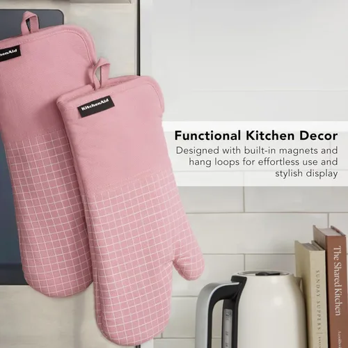 Miniatura 6 de KITCHENAID Gourmet Series Gridlines - Juego de 2 guantes de horno resistentes al calor hasta 600 °F, agarre de silicona suave, puño magnético, rosa